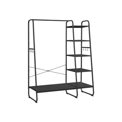 Front view of the black Vasagle clothes rail with shoe shelf and side hooks