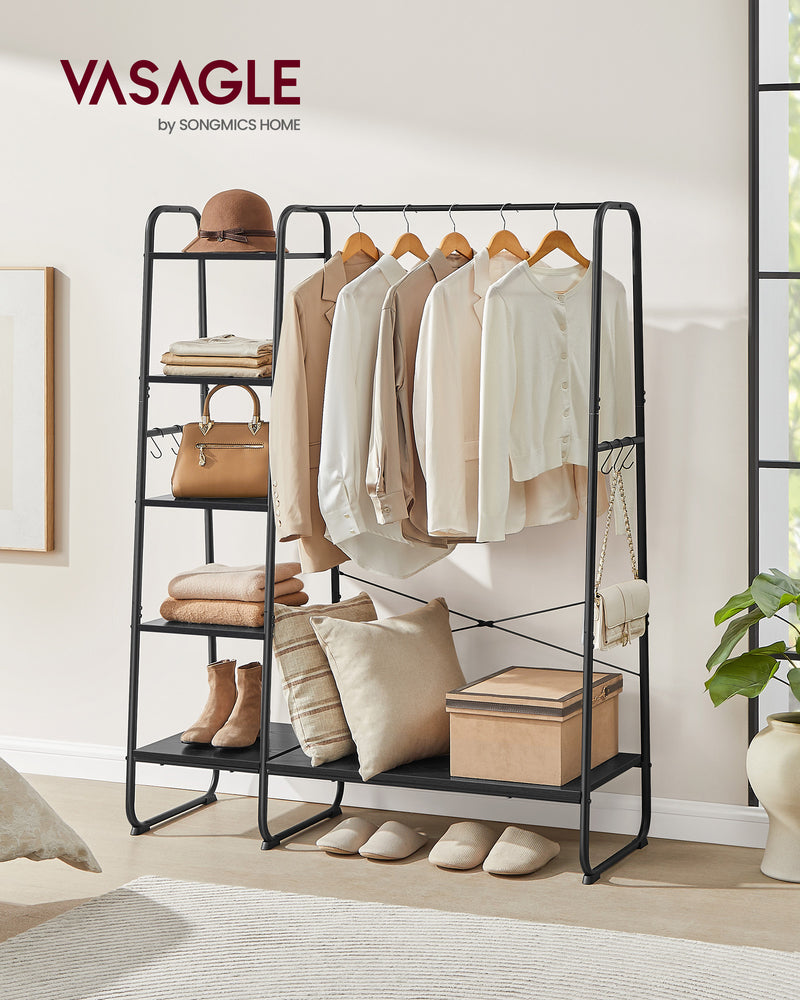 Close-up of the storage shelves and steel frame on the black clothes rail