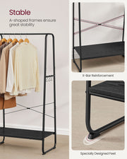 Side view showing the hanging rail and side hooks on the clothes rack