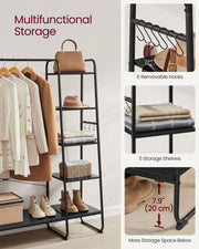 Clothes rail styled in a bedroom with coats hanging and shoes on the shelves