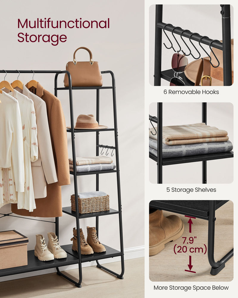 Clothes rail styled in a bedroom with coats hanging and shoes on the shelves