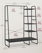 Dimensions diagram of the black clothes rail with shoe storage shelf