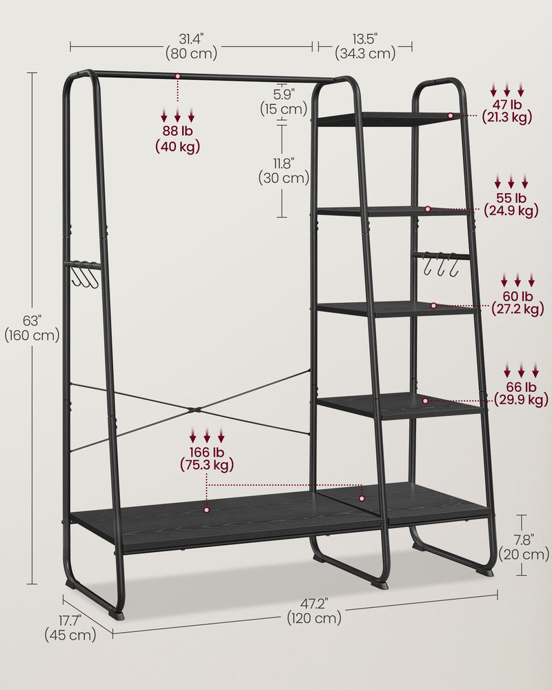 Dimensions diagram of the black clothes rail with shoe storage shelf