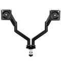 Black dual gas spring monitor arm with a C-clamp base on a white background
