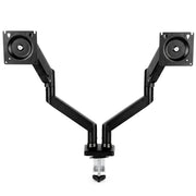 Black dual gas spring monitor arm with a C-clamp base on a white background