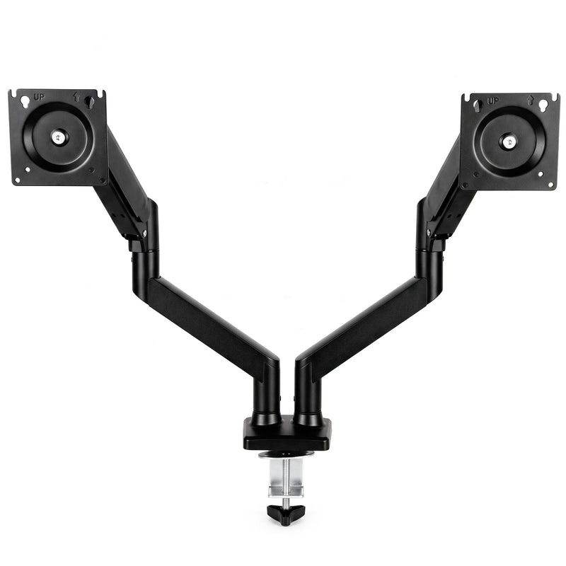 Black dual gas spring monitor arm with a C-clamp base on a white background