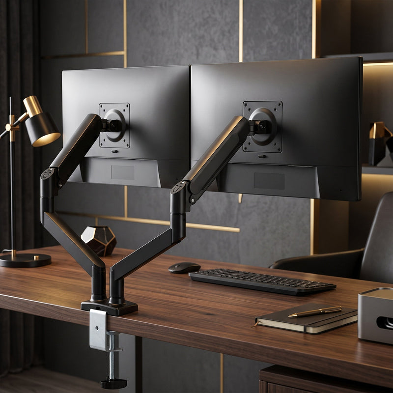 Two monitors on the black dual gas spring arms clamped to a wooden desk
