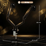 Dimensions diagram of the dual monitor arm showing 42.6 cm width, 31.4 cm depth, 65 cm height and 20 kg capacity