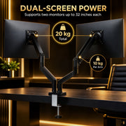 Dual monitor arm supporting two screens up to 32 inch with 20 kg total and 10 kg per arm callouts