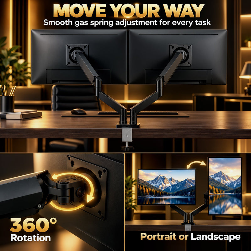 Gas spring arms moving two screens, with close-ups of 360 degree rotation and portrait or landscape mode