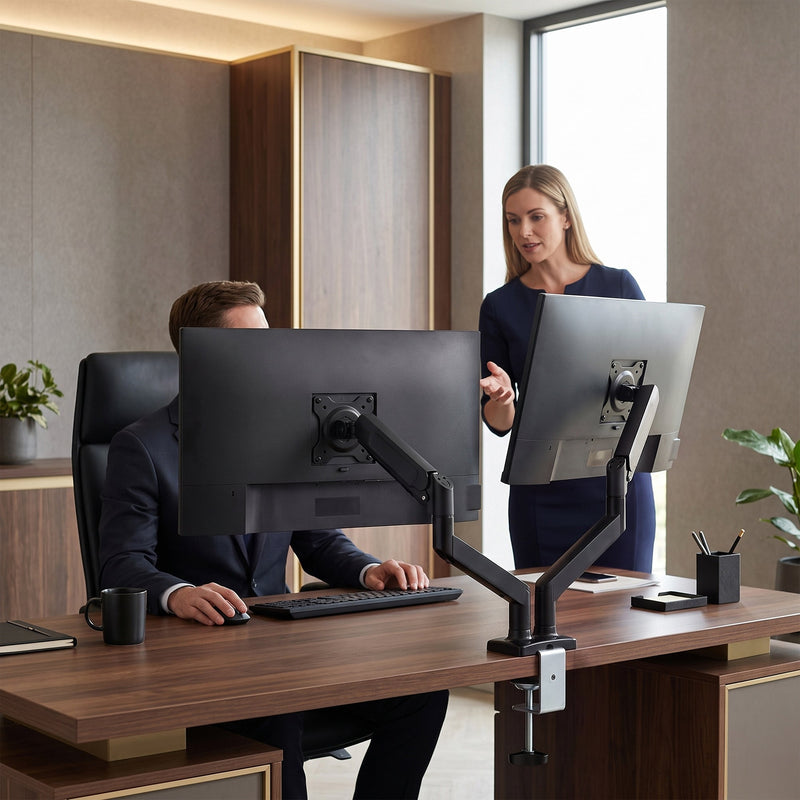 Two people at an office desk with monitors on the dual monitor arm