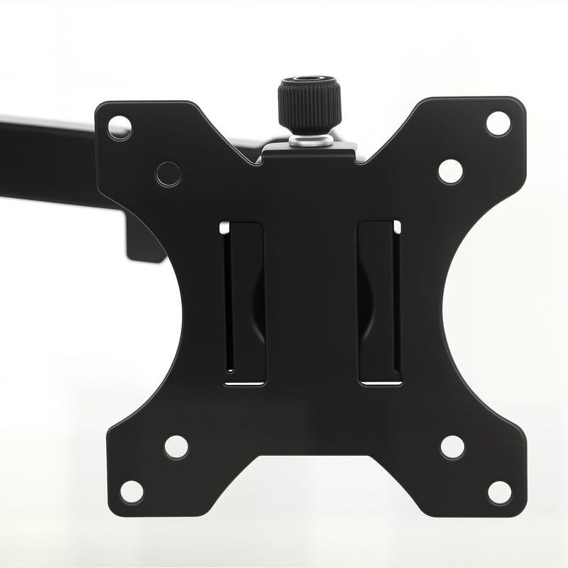 Close-up of the black monitor mounting plate on the end of the arm