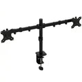 Black dual monitor stand with two swivel arms and a C-clamp base on a white background