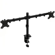 Black dual monitor stand with two swivel arms and a C-clamp base on a white background