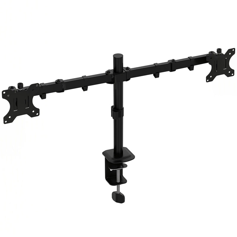 Black dual monitor stand with two swivel arms and a C-clamp base on a white background