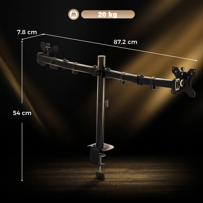 Dimensions diagram of the dual monitor stand showing 87.2 cm width, 7.8 cm depth, 54 cm height and 20 kg capacity