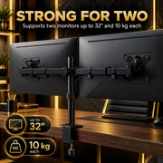 Two monitors on the stand with callouts for 32 inch screens and 10 kg per arm