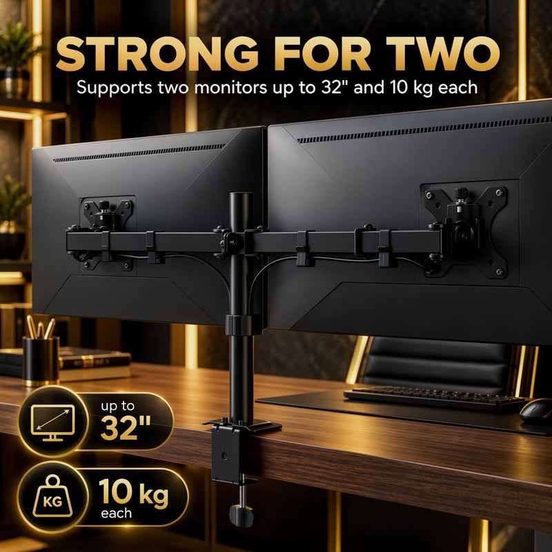 Two monitors on the stand with callouts for 32 inch screens and 10 kg per arm