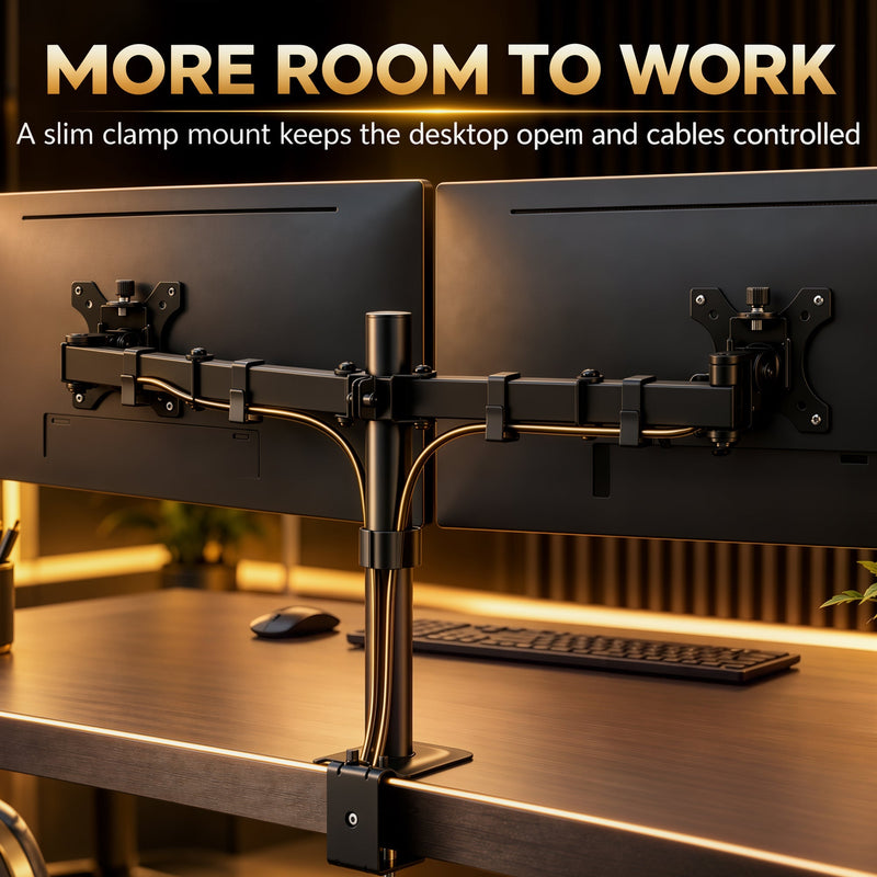Slim clamp mount on the desk edge with cables routed along the stand arms