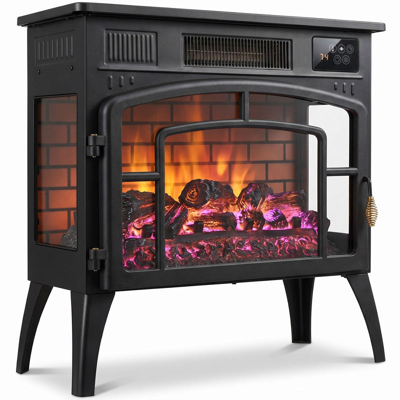 Black electric stove fireplace with 3D log flame and curved legs on a white background