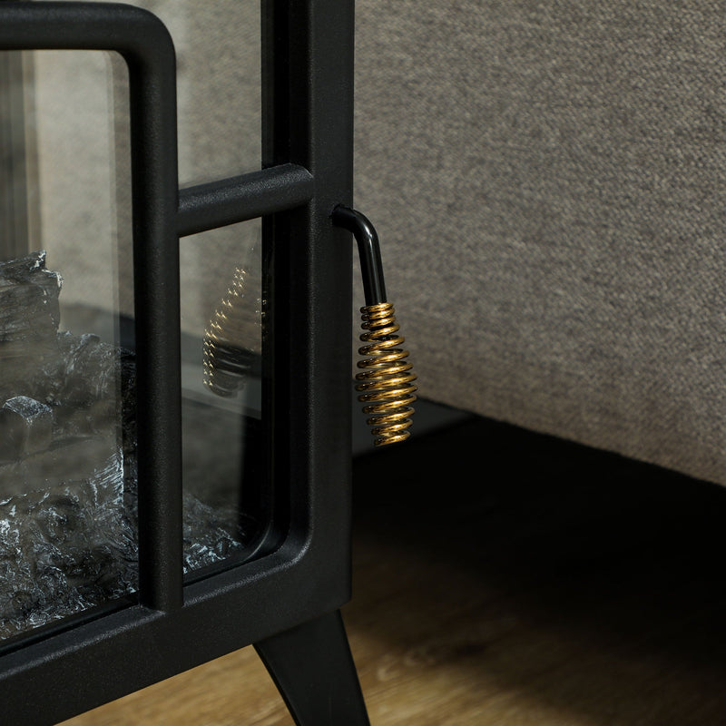 Close-up of the glass door handle on the electric stove fireplace