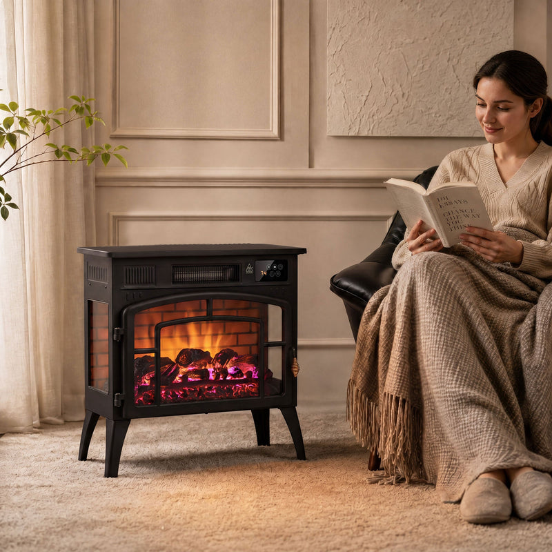 Woman reading a book wrapped in a blanket beside the electric stove fireplace