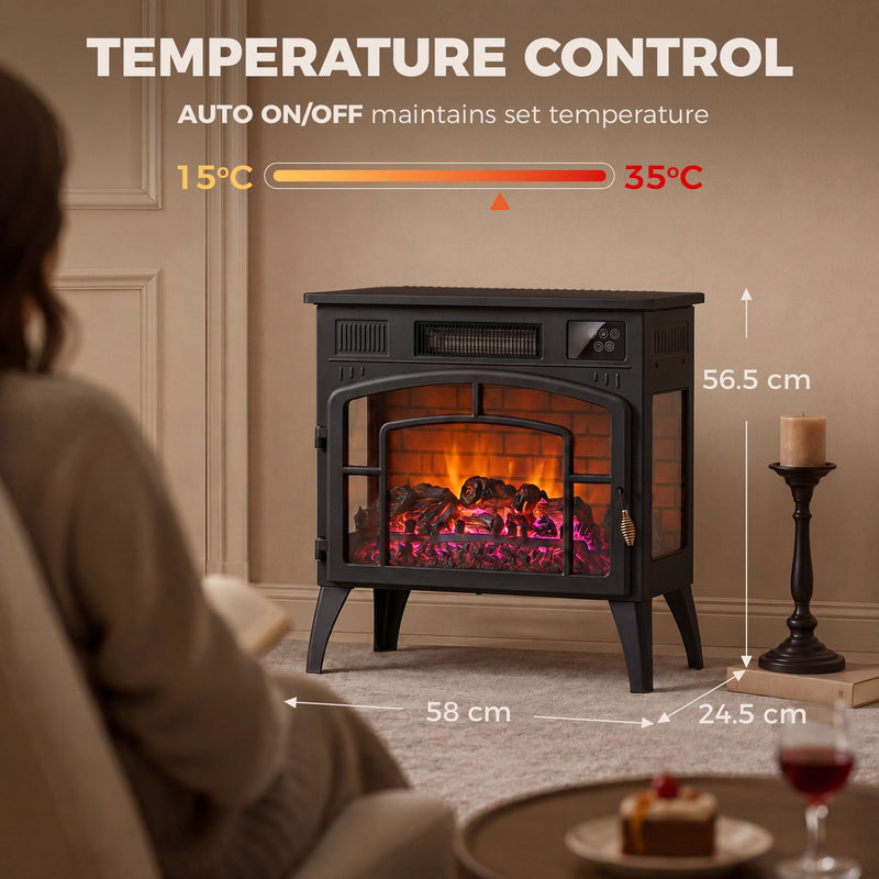Dimensions diagram showing the electric fireplace at 58 cm wide, 24.5 cm deep and 56.5 cm tall