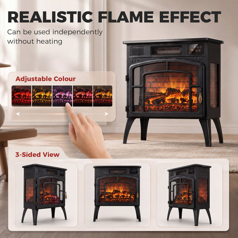 Electric stove fireplace showing adjustable flame colours and a 3-sided view