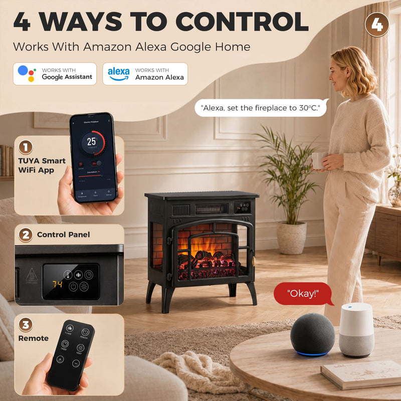 Phone app, control panel and remote showing 3 ways to control the electric fireplace