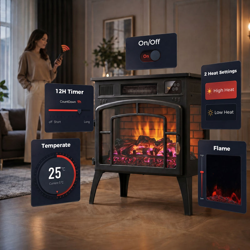 Electric fireplace with on/off, 12-hour timer, temperature and heat setting displays
