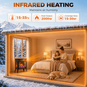 Electric fireplace warming a cosy bedroom, showing 15-35°C range, 2000W output and 15-30 m² coverage