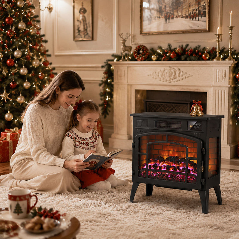 Mother and child reading by the electric stove fireplace in a Christmas living room