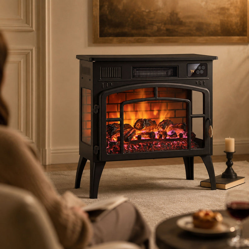 Electric stove fireplace glowing in a living room beside a person on a sofa