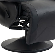Close-up of the reclining mechanism and round black swivel base
