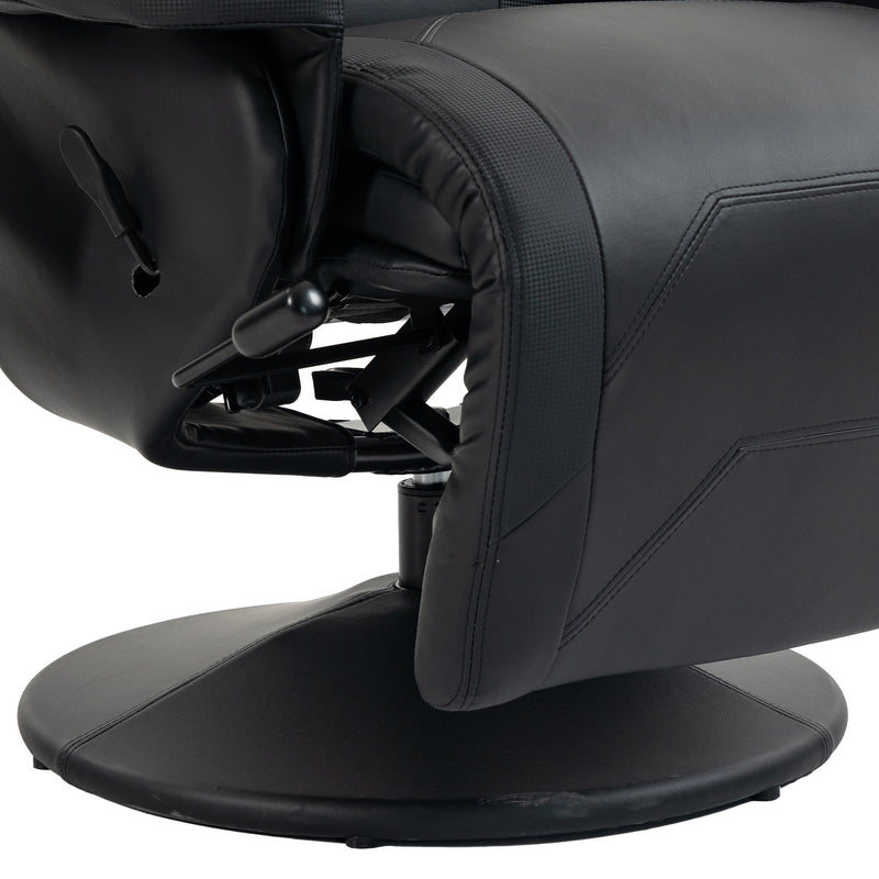 Close-up of the reclining mechanism and round black swivel base