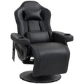 Black faux leather manual recliner armchair with head and lumbar pillows on a white background