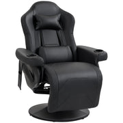 Black faux leather manual recliner armchair with head and lumbar pillows on a white background