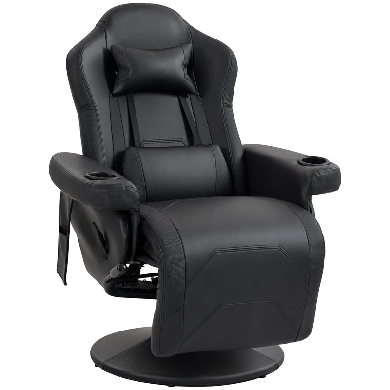 Black faux leather manual recliner armchair with head and lumbar pillows on a white background