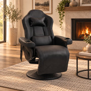 Black recliner armchair beside a fireplace in a living room