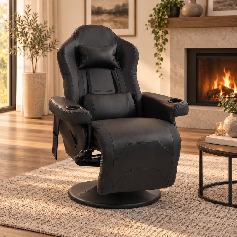 Black recliner armchair beside a fireplace in a living room