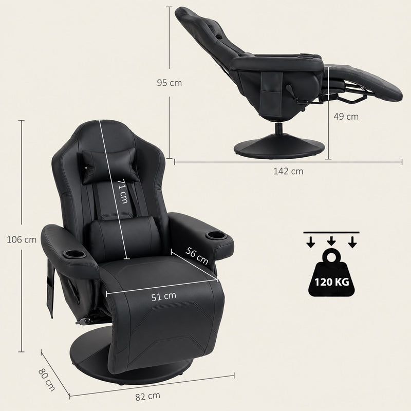 Dimensions diagram of the recliner upright and reclined with a 120 kg load limit