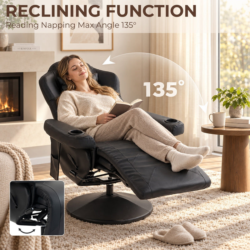 Woman reading in the recliner leaning back to the maximum 135 degree angle with the footrest raised