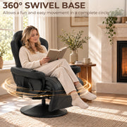 Woman reading in the recliner on its 360 degree swivel base