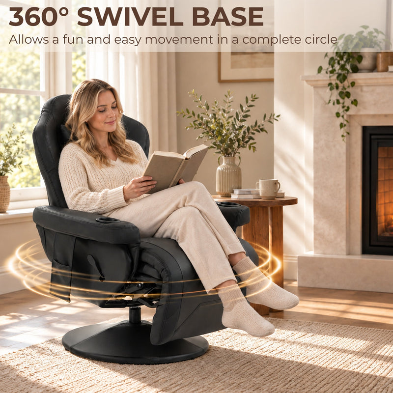 Woman reading in the recliner on its 360 degree swivel base