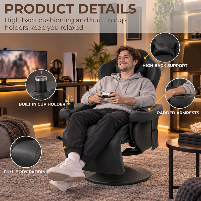 Man gaming in the recliner with callouts for the cup holder, padded armrests and high back support