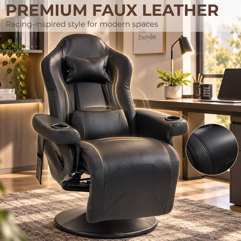 Black faux leather recliner beside a desk with a close-up of the upholstery