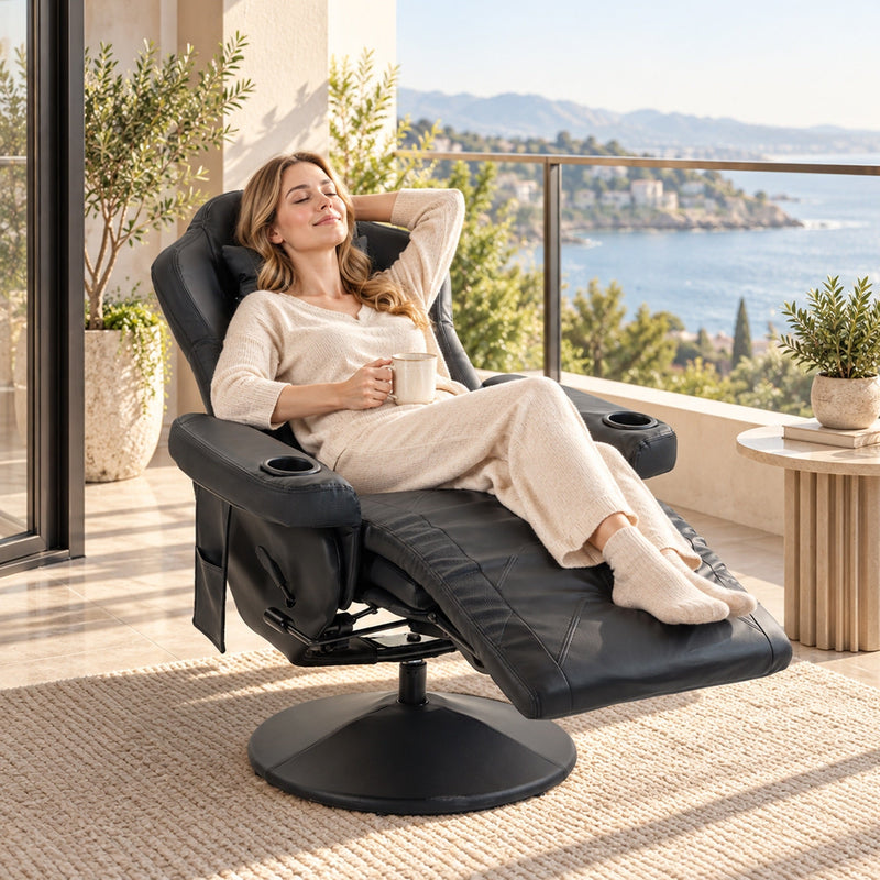 Woman relaxing with a mug in the fully reclined black chair on a balcony