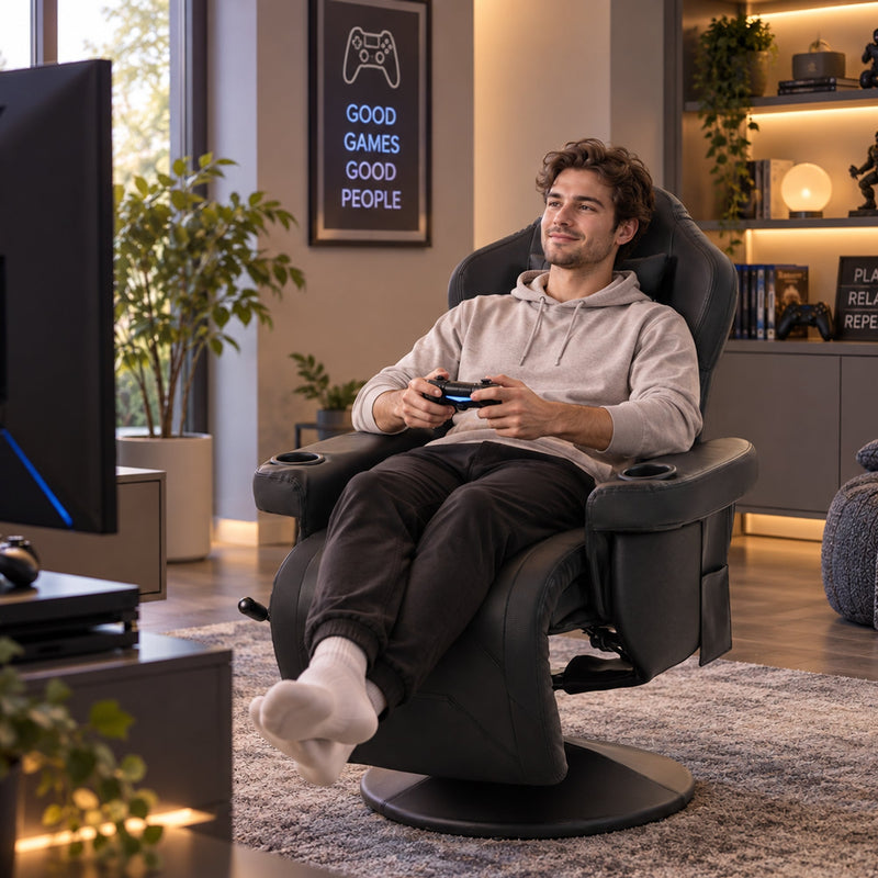 Man playing a game console in the recliner with his feet on the raised footrest