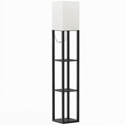 Black floor lamp with 3 open shelves and white linen shade on a white background