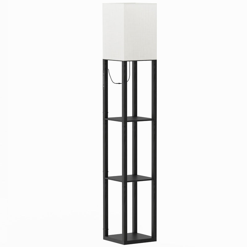 Black floor lamp with 3 open shelves and white linen shade on a white background